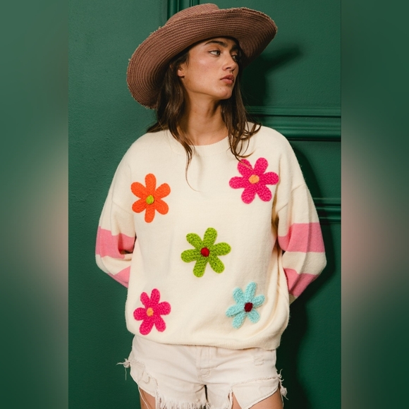 BiBi Colorful Floral Patched Sweater with Striped Sleeve - Picture 1 of 15